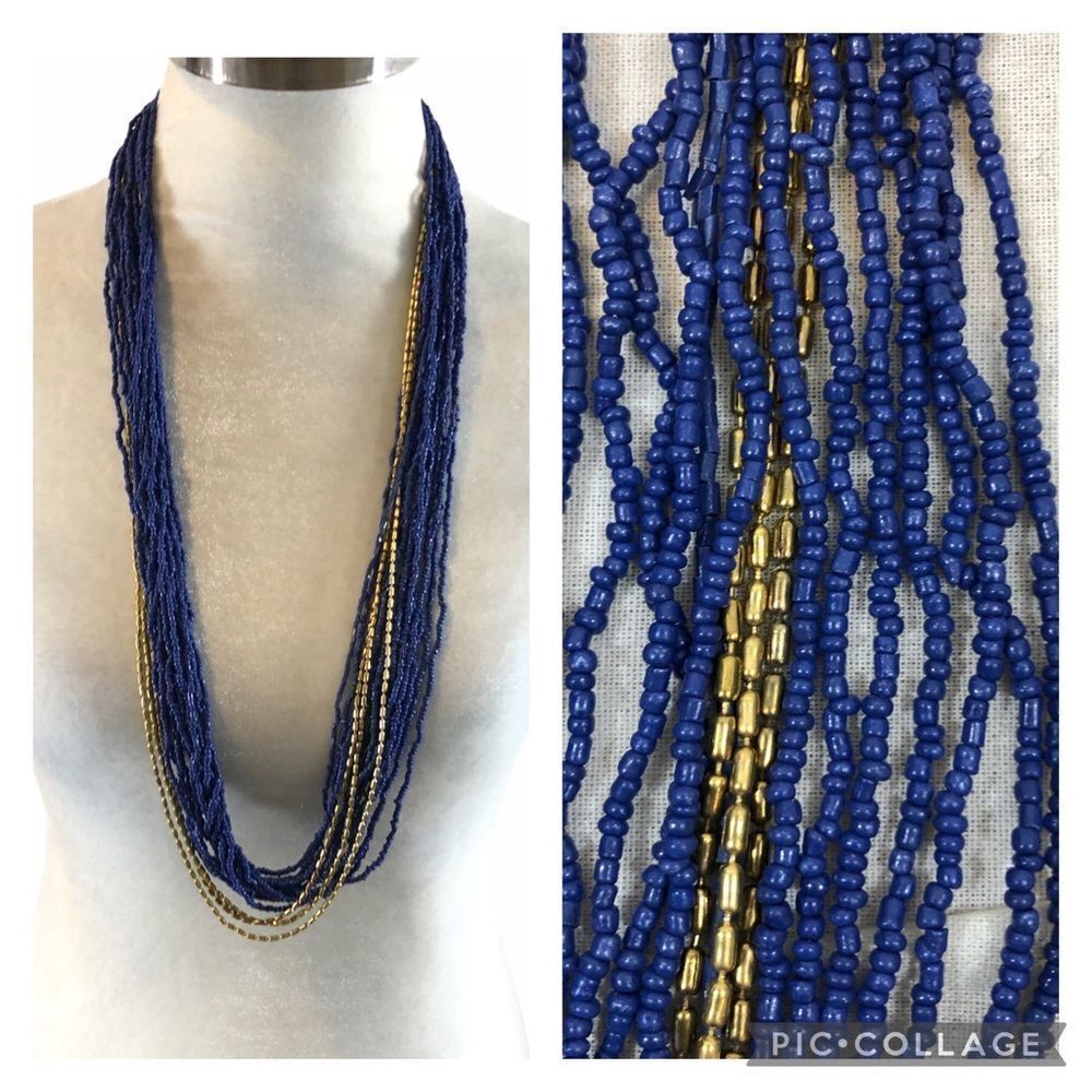 NWT ong Multistrand Blue & Gold Seed Bead Necklace
